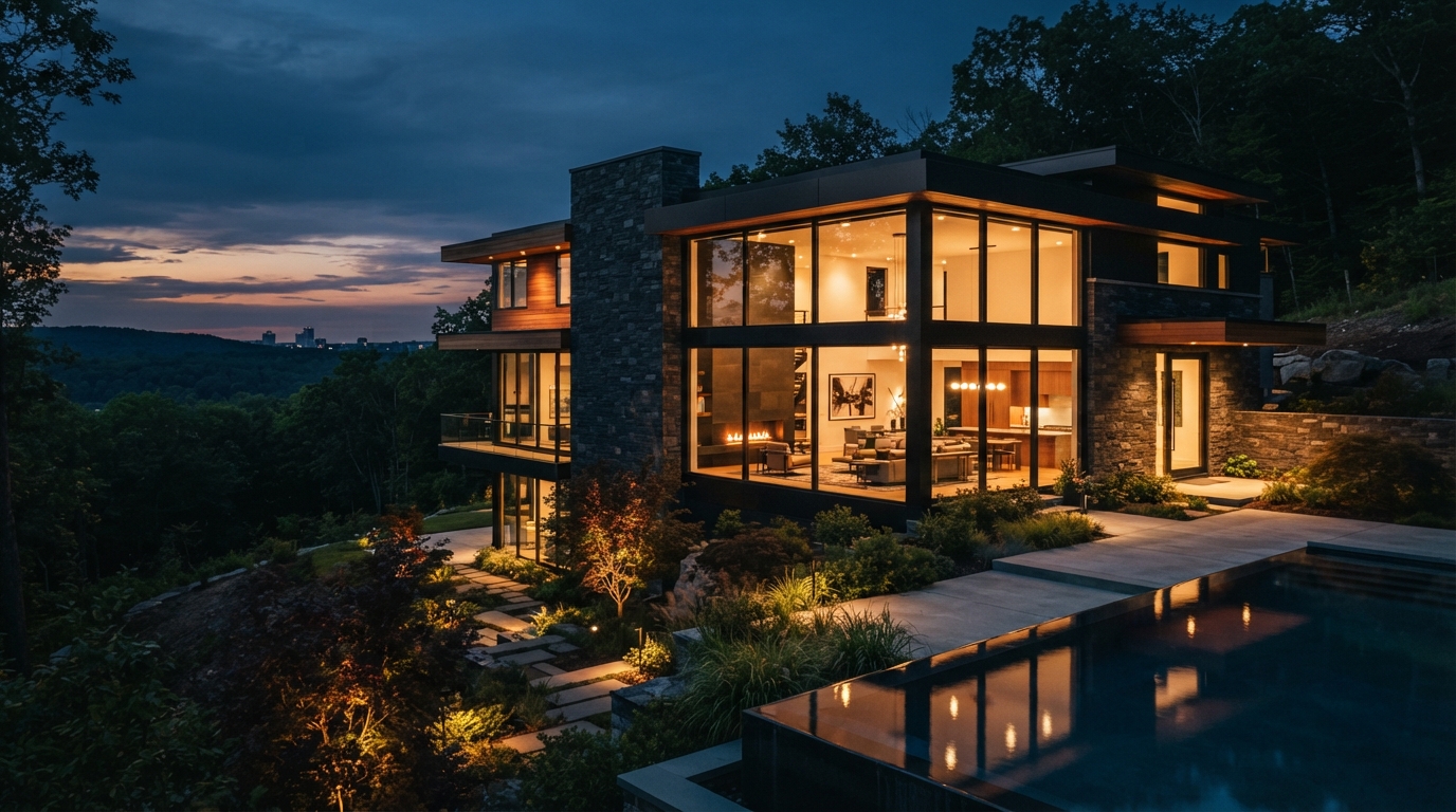 Architectural luxury residence at dusk